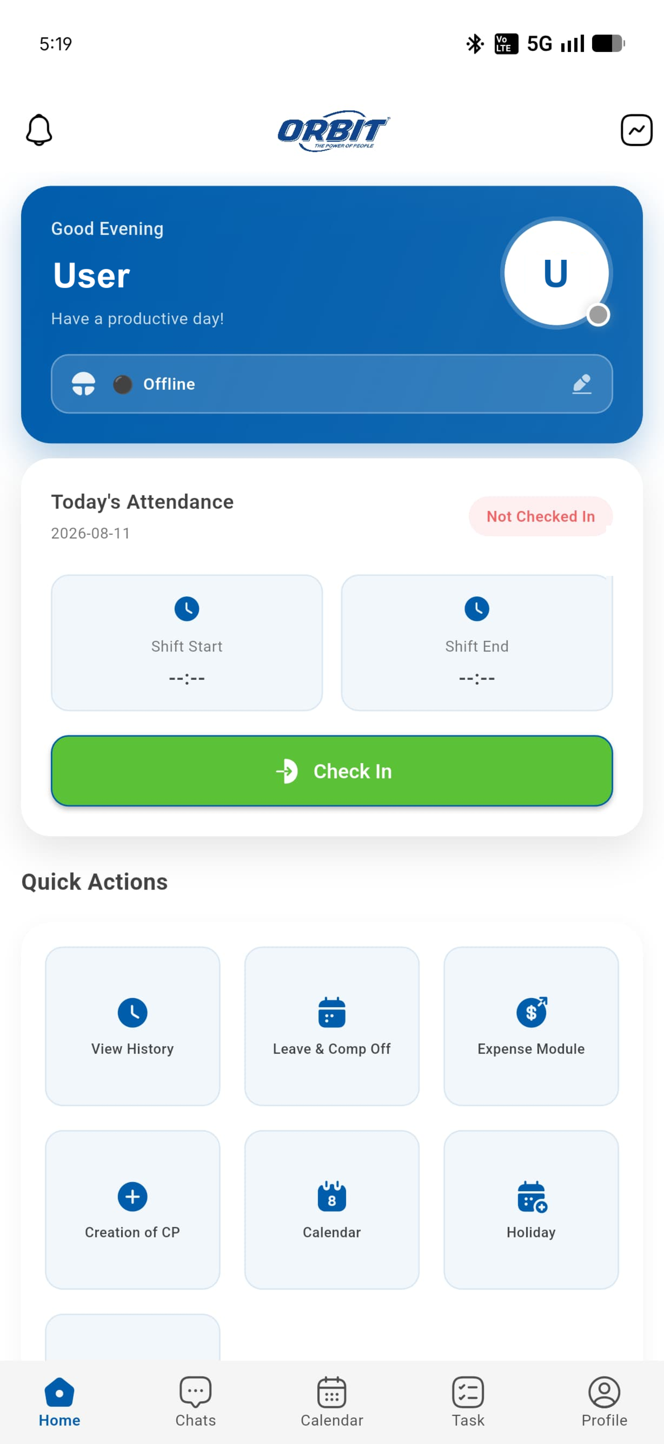 Orbit HRMS mobile app home screen